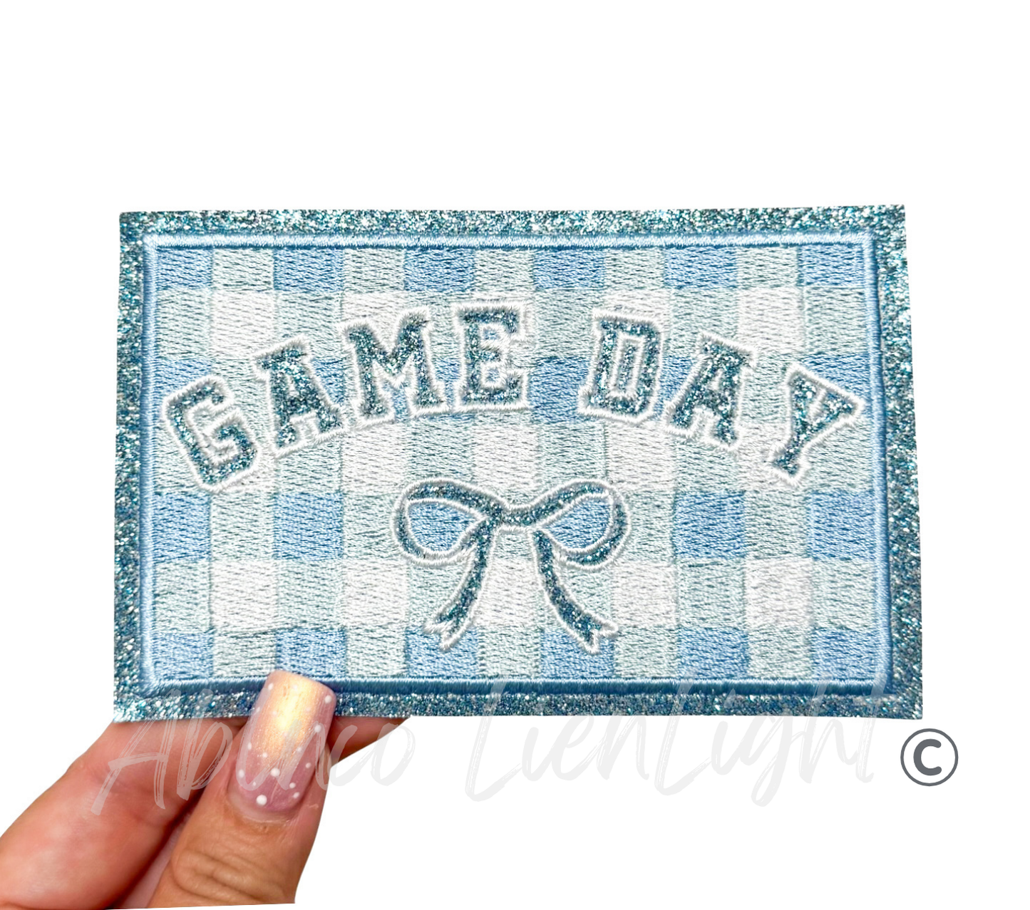 Light Blue Game Day Checkered Plaid Bow Patch