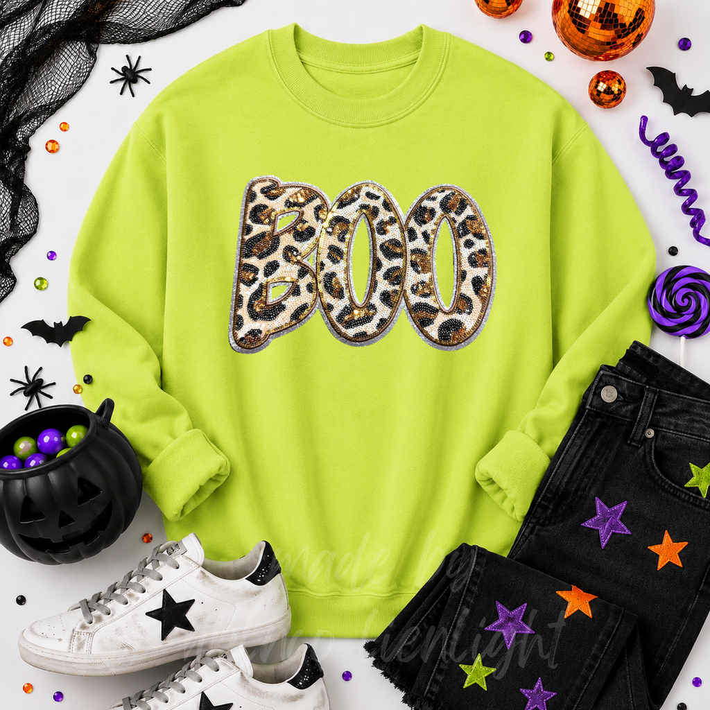 Cheetah Print Boo Halloween Sequin Patch Sweatshirt