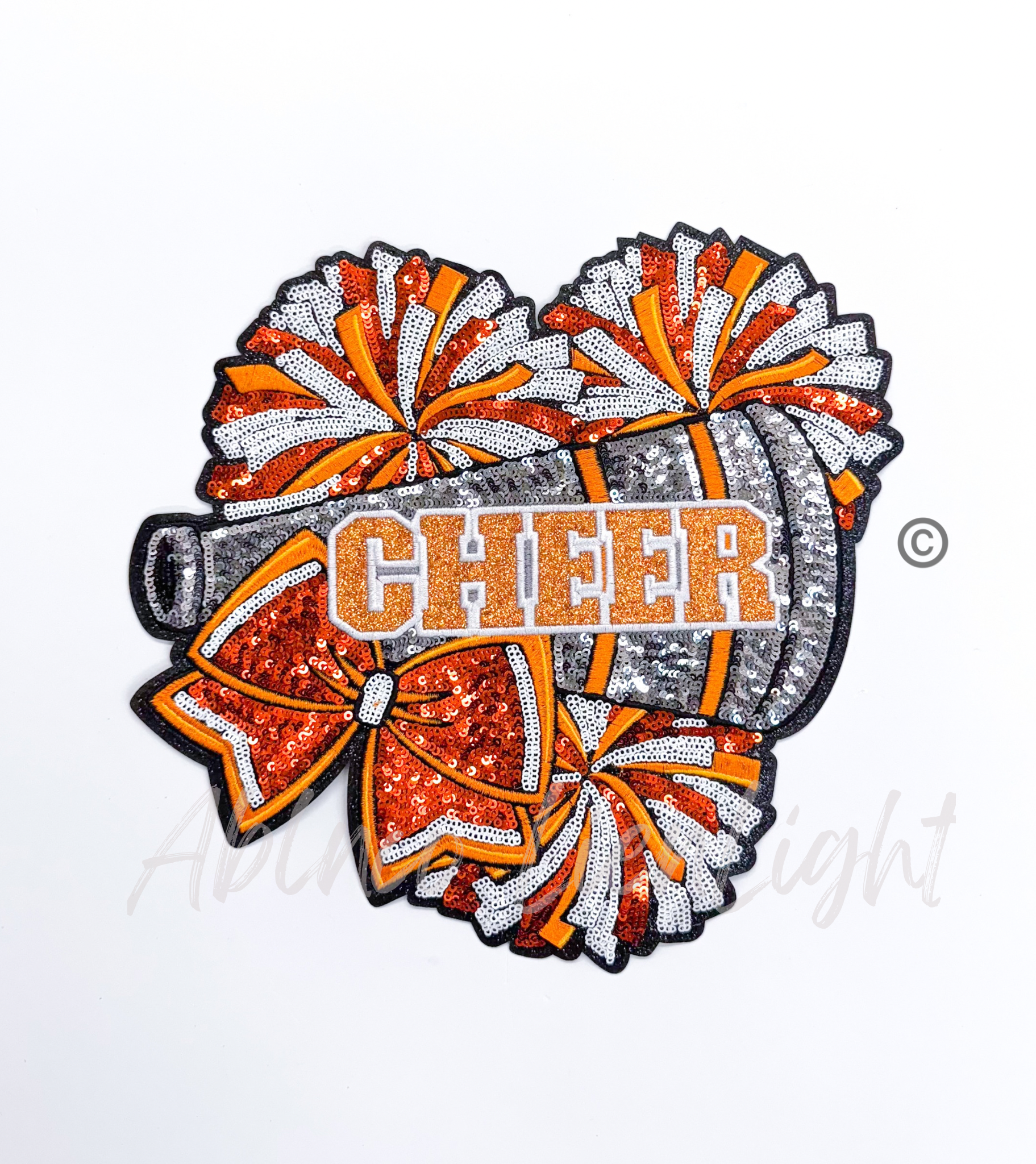 Orange Cheer Bow Megaphone Poms  Sequin Patch - Large