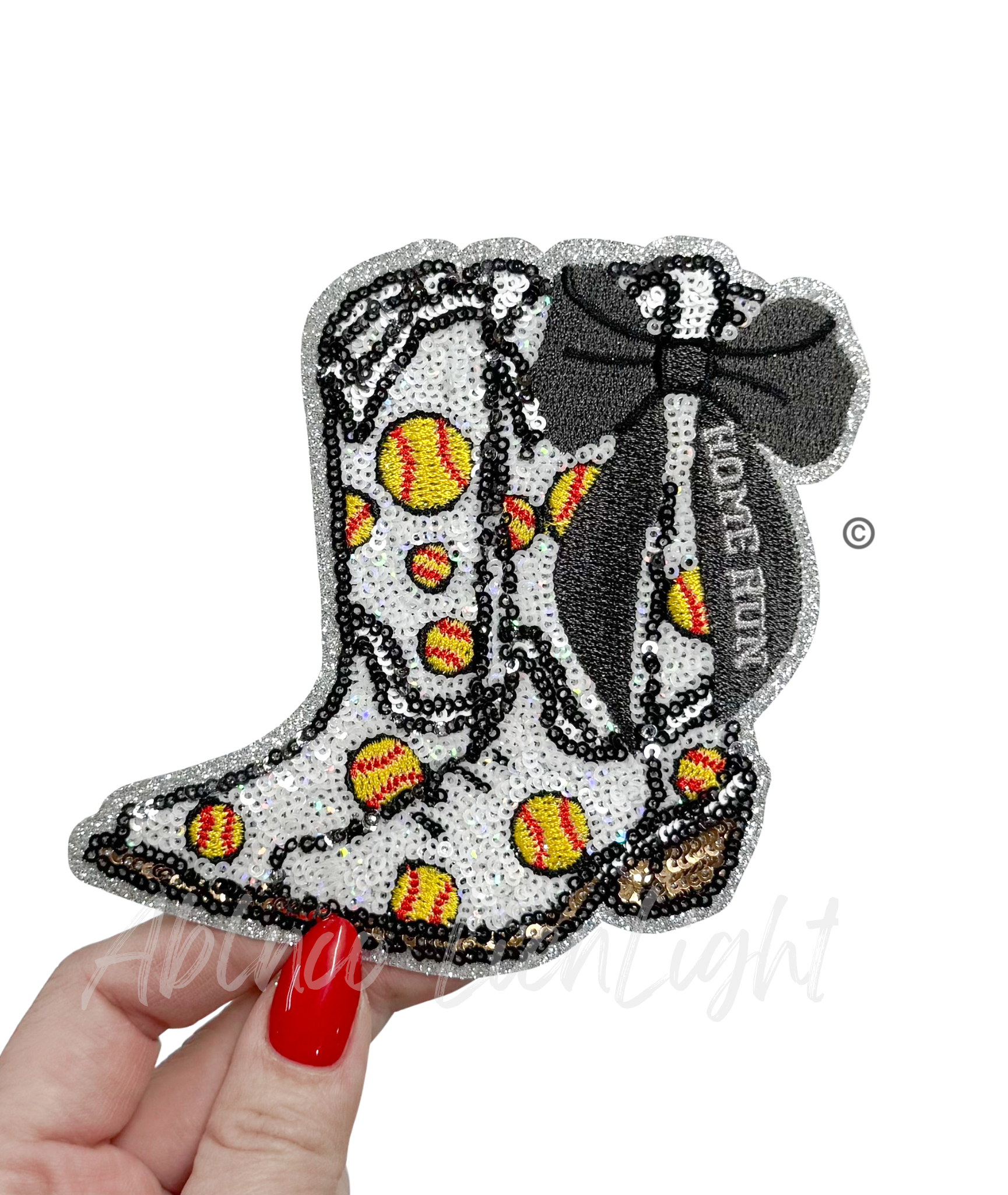 Softball Homerun Black Bow Boots Sequin Patch - Small