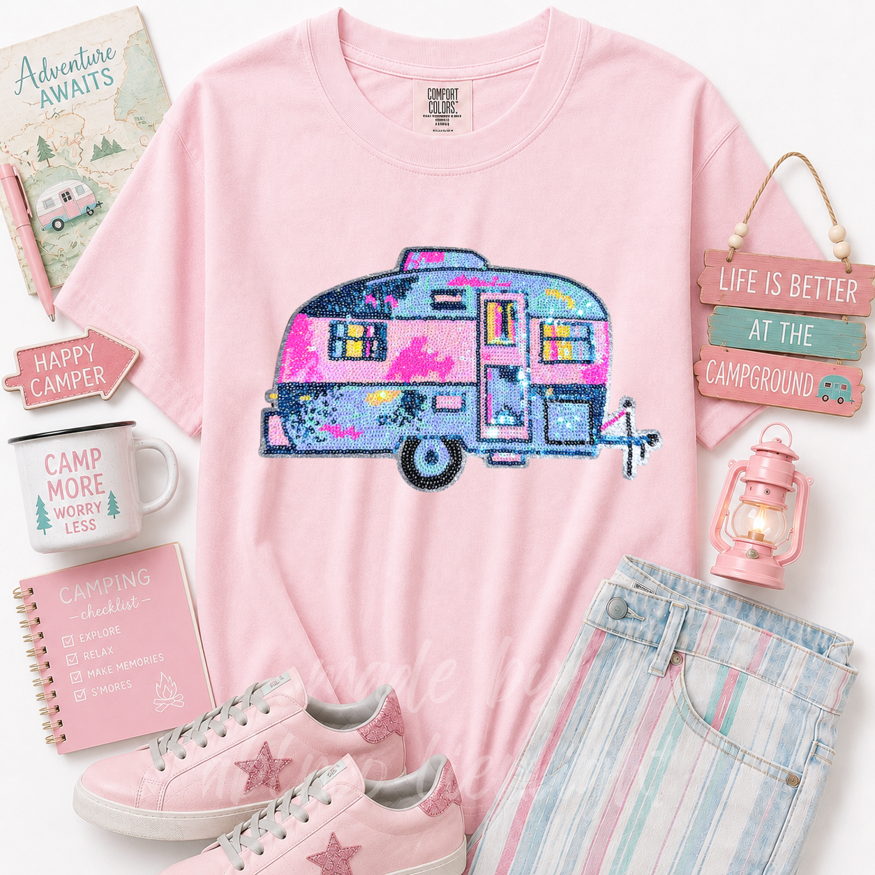 Trailer Camper Camping Pink Sequin Patch Tshirt