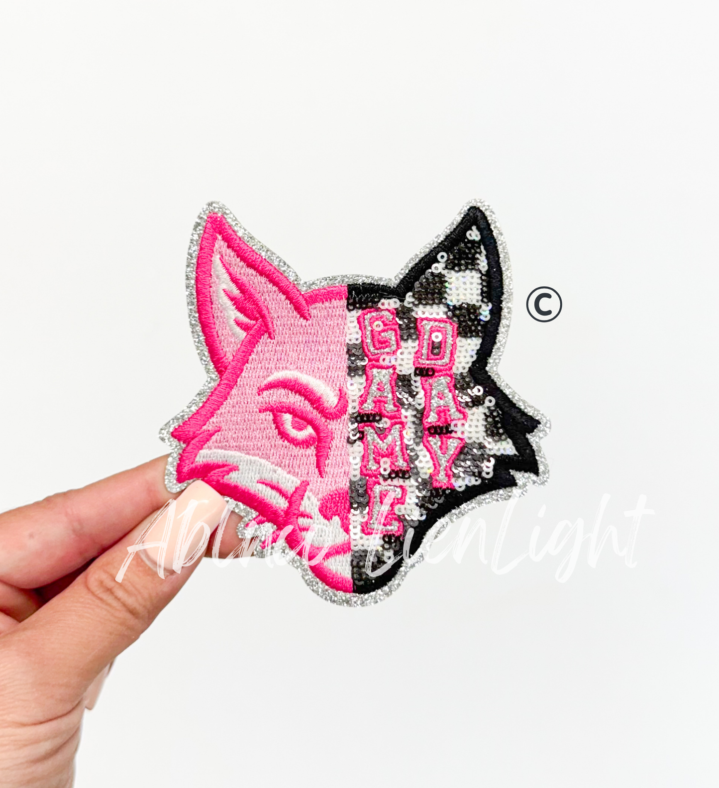 Preppy Pink Checkered Fox Mascot Game Day Sequin Patch - Small