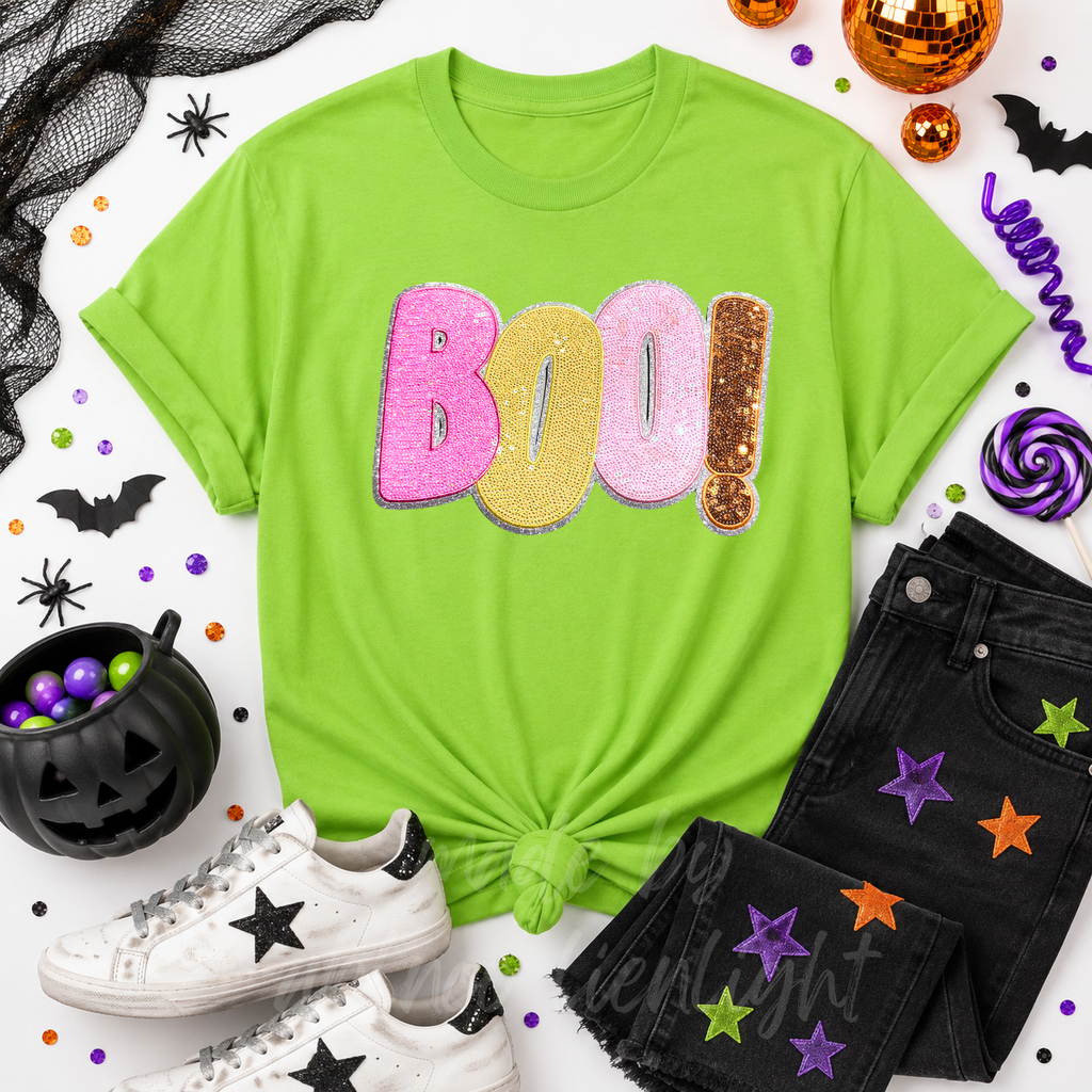 Colorful Boo Halloween Sequin Patch Tshirt