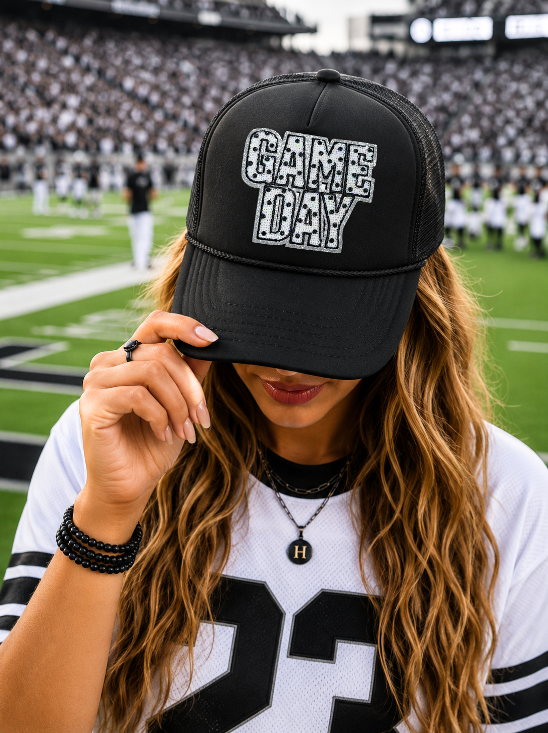 Black Polka Dots Game Day Sequin Patch Otto Trucker Hat