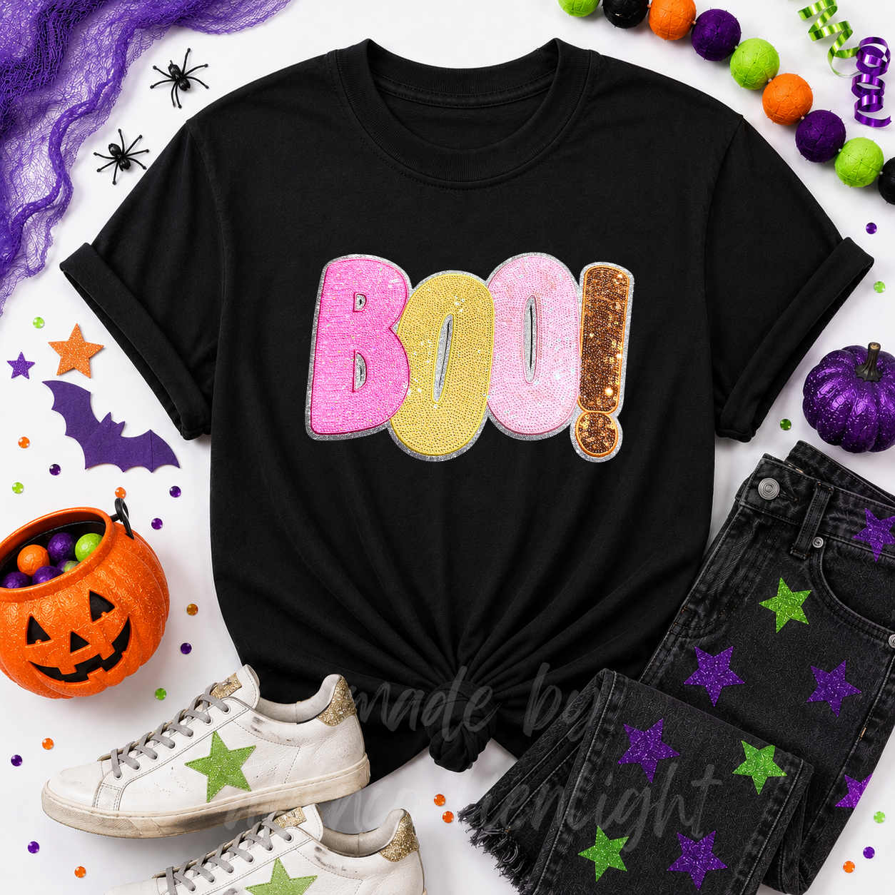 Colorful Boo Halloween Sequin Patch Tshirt