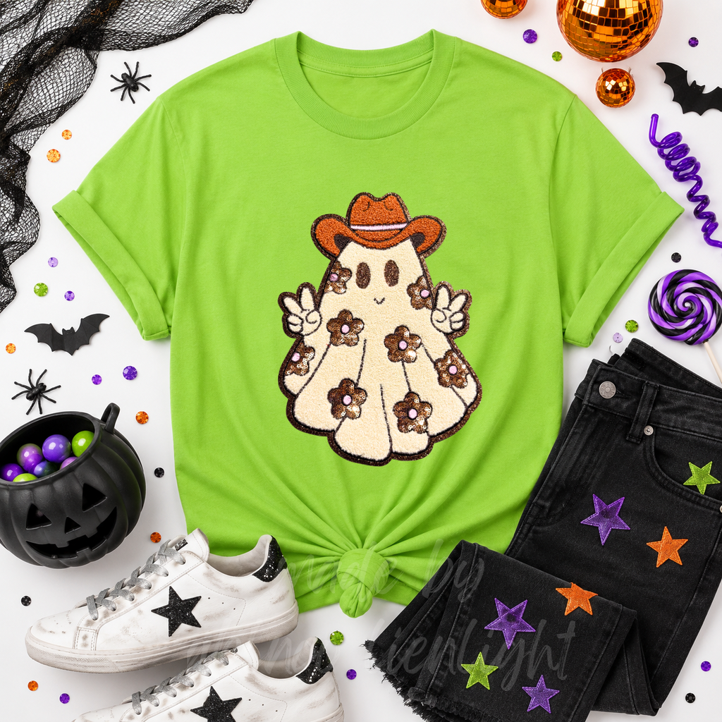 Floral Ghost Halloween Sequin Patch Tshirt