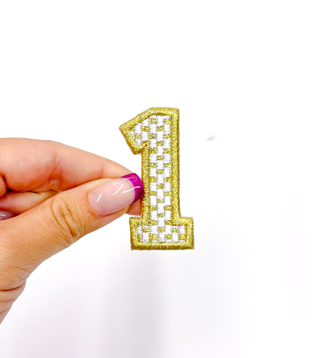 2” Gold Checkered Numbers Glitter Embroidery Patch