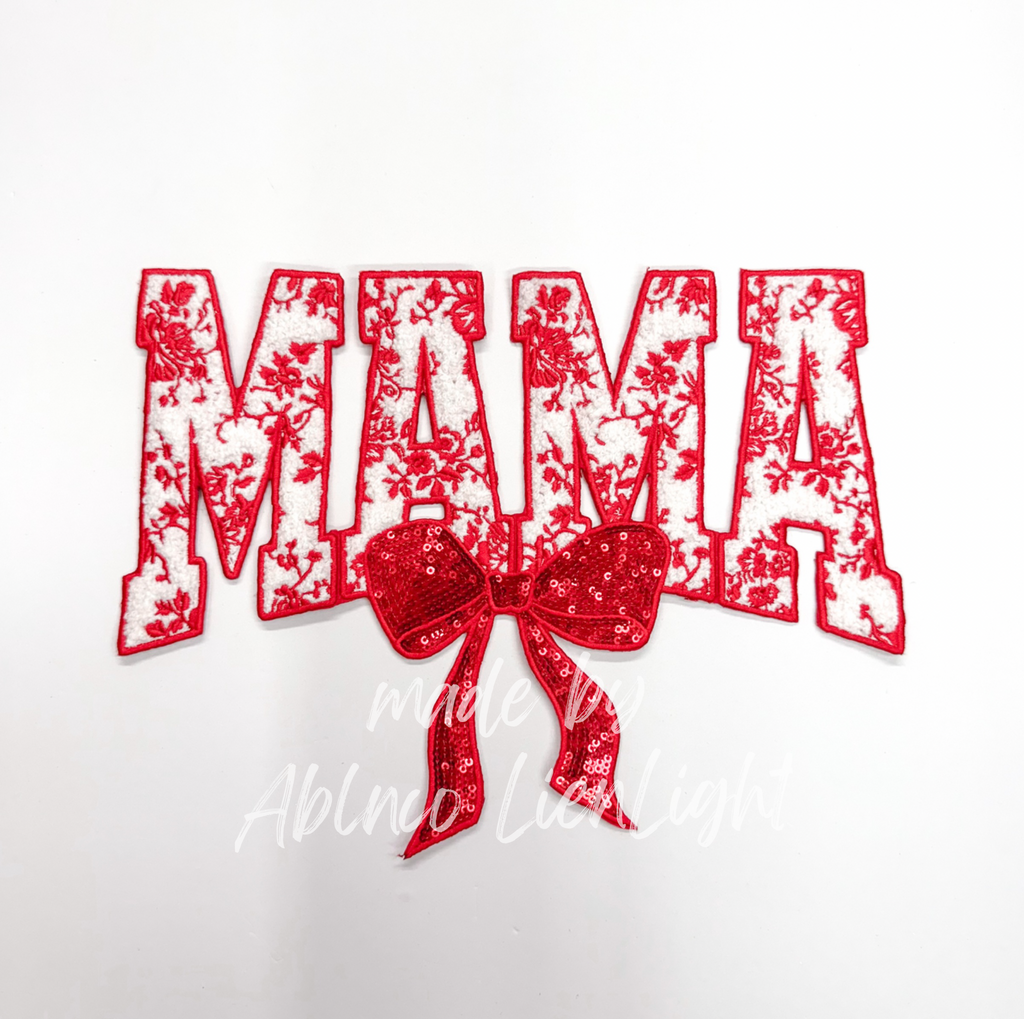 Red Floral Grand Millennial Mama Bow Sequins Chenille Patch