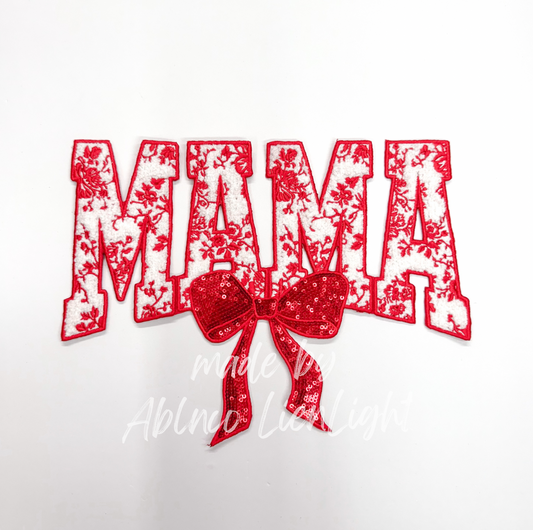 Red Floral Mama Bow Sequins Chenille Embroidery Patch