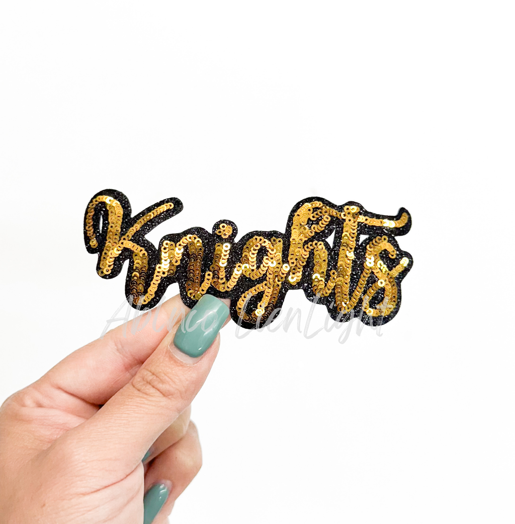 Knights Mascot Gold Script Sequin Patch - Small