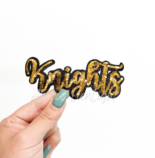 Gold Knights Mascot Script Letter Sequin Patch - Small