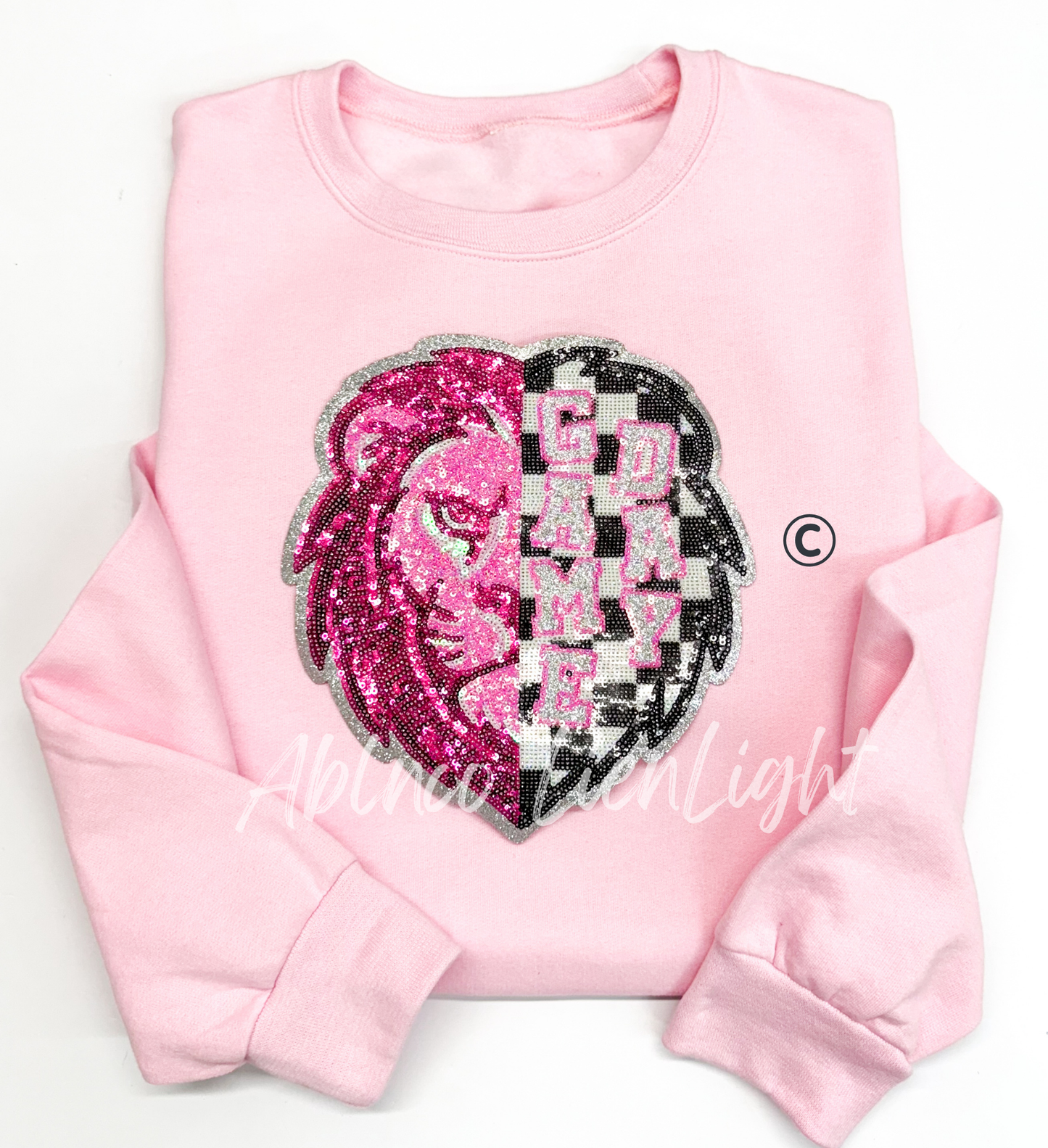 Preppy Pink Checkered Lion Mascot Game Day Sequin Patch
