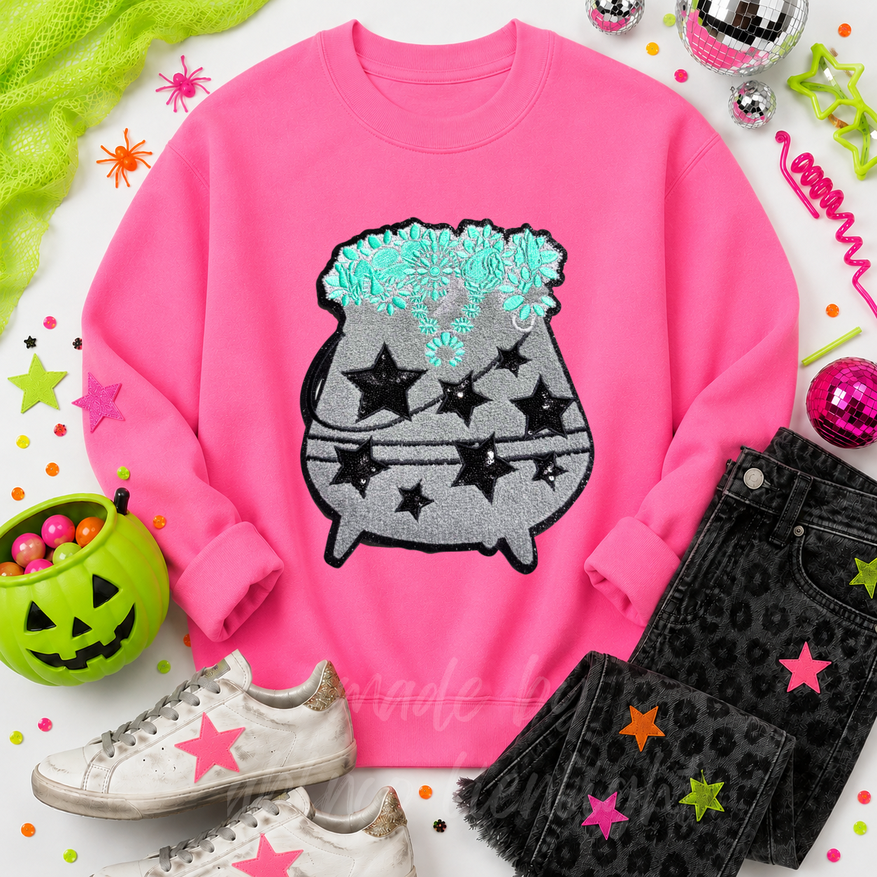 Turquoise Cauldron Halloween Sequin Patch Sweatshirt