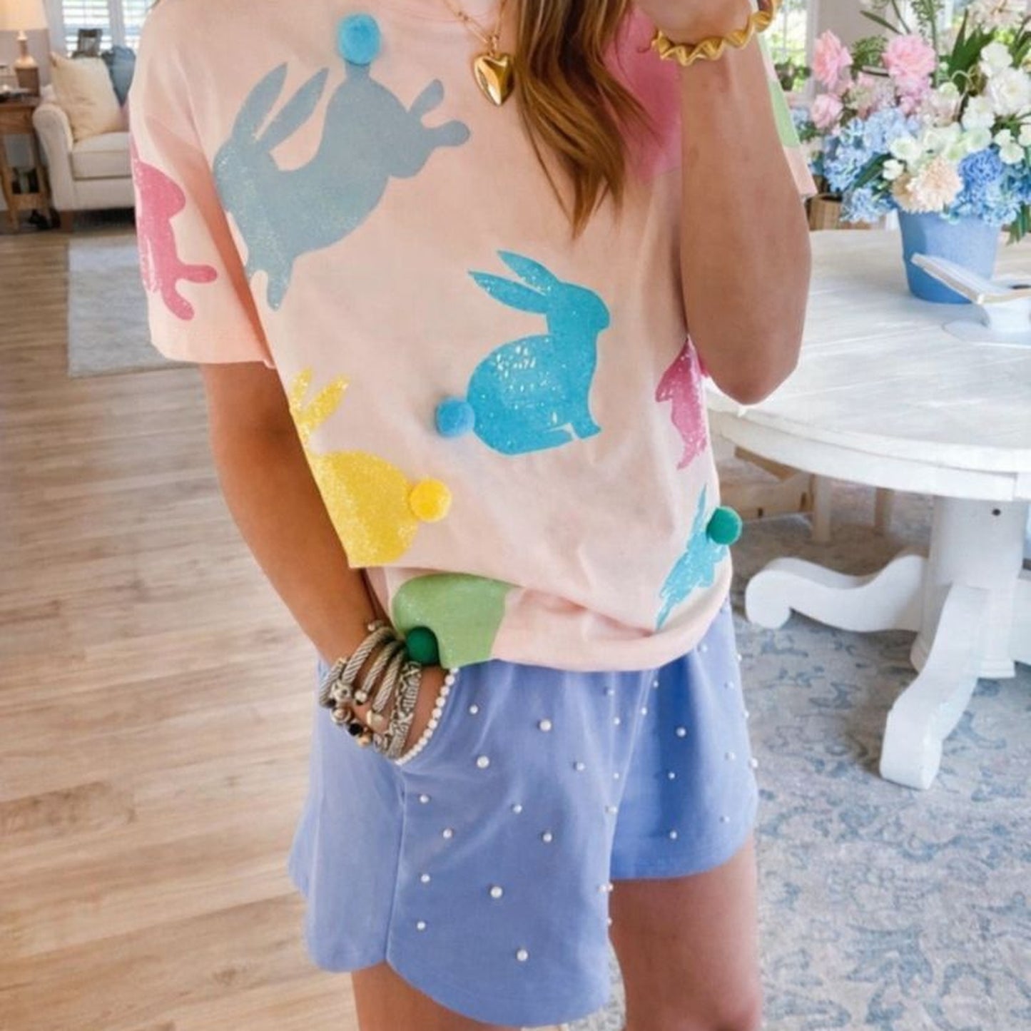 Pink Easter Sequins Poof Bunnies Tee PREORDER