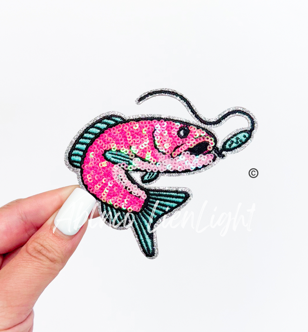 Fish Bait Fishing Pink Sequin Patch