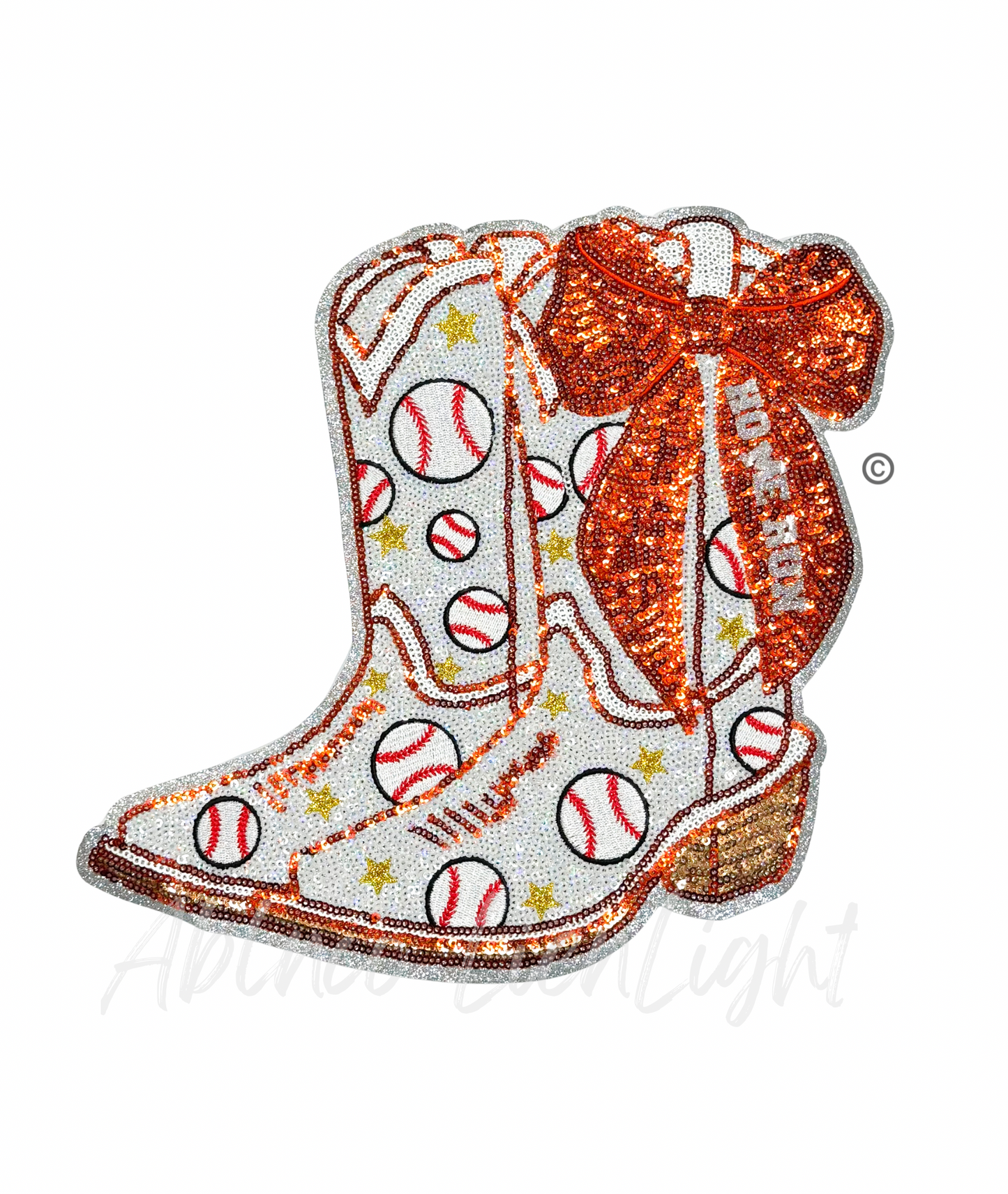 Baseball Homerun Star Orange Bow Boots Sequin Patch - Large