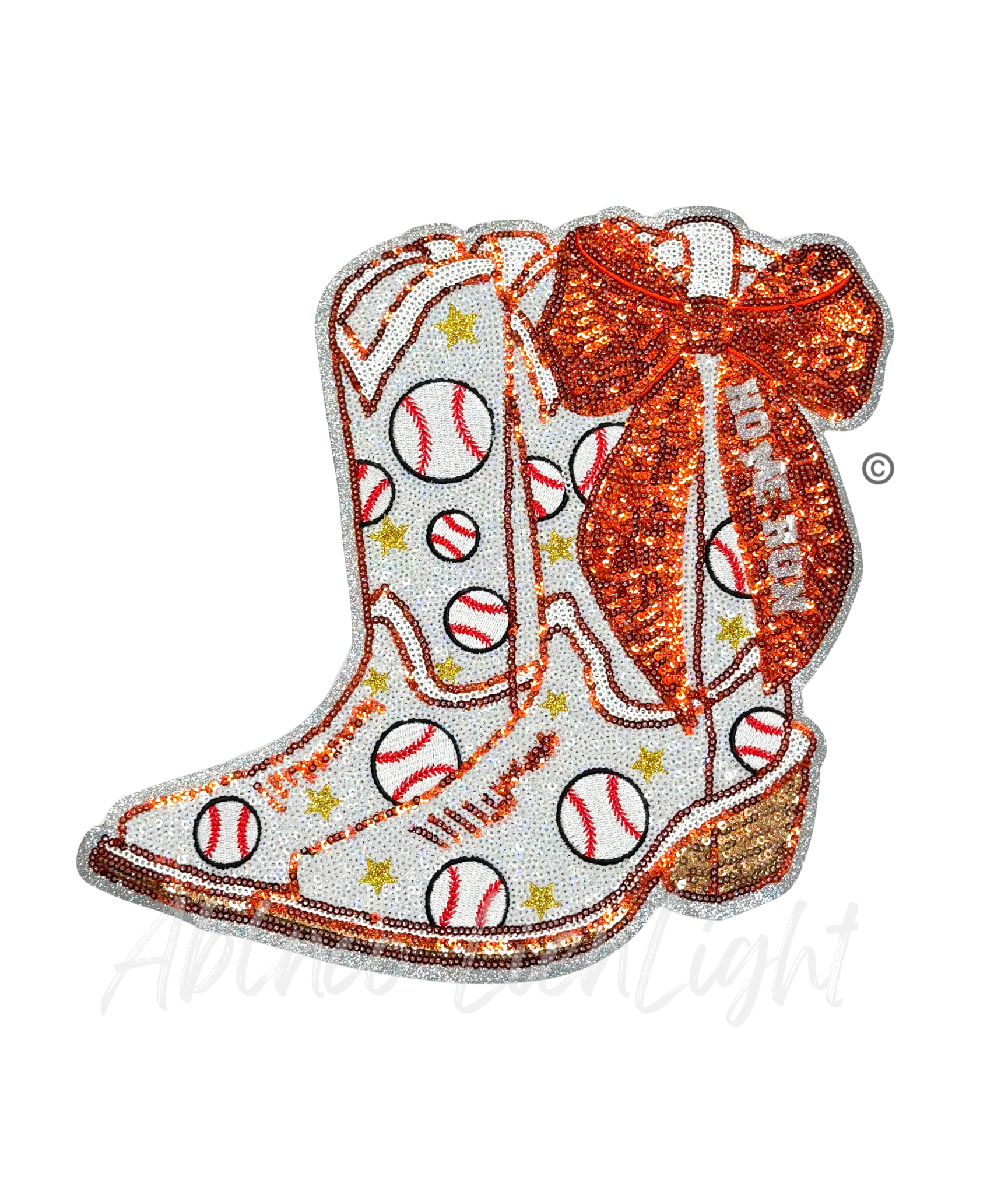 Baseball Homerun Orange Bow Boots Sequin Patch - Large