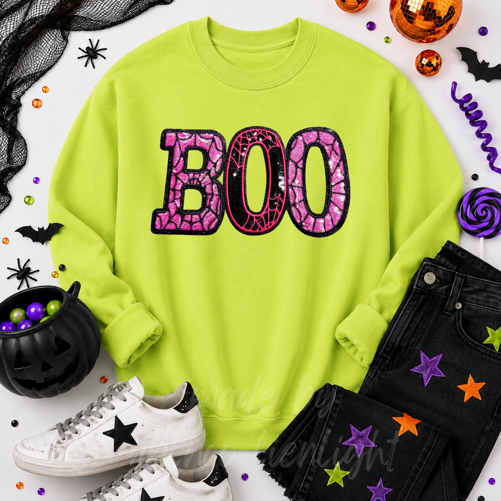 Pink Spider Web Boo Halloween Sequin Patch - Large