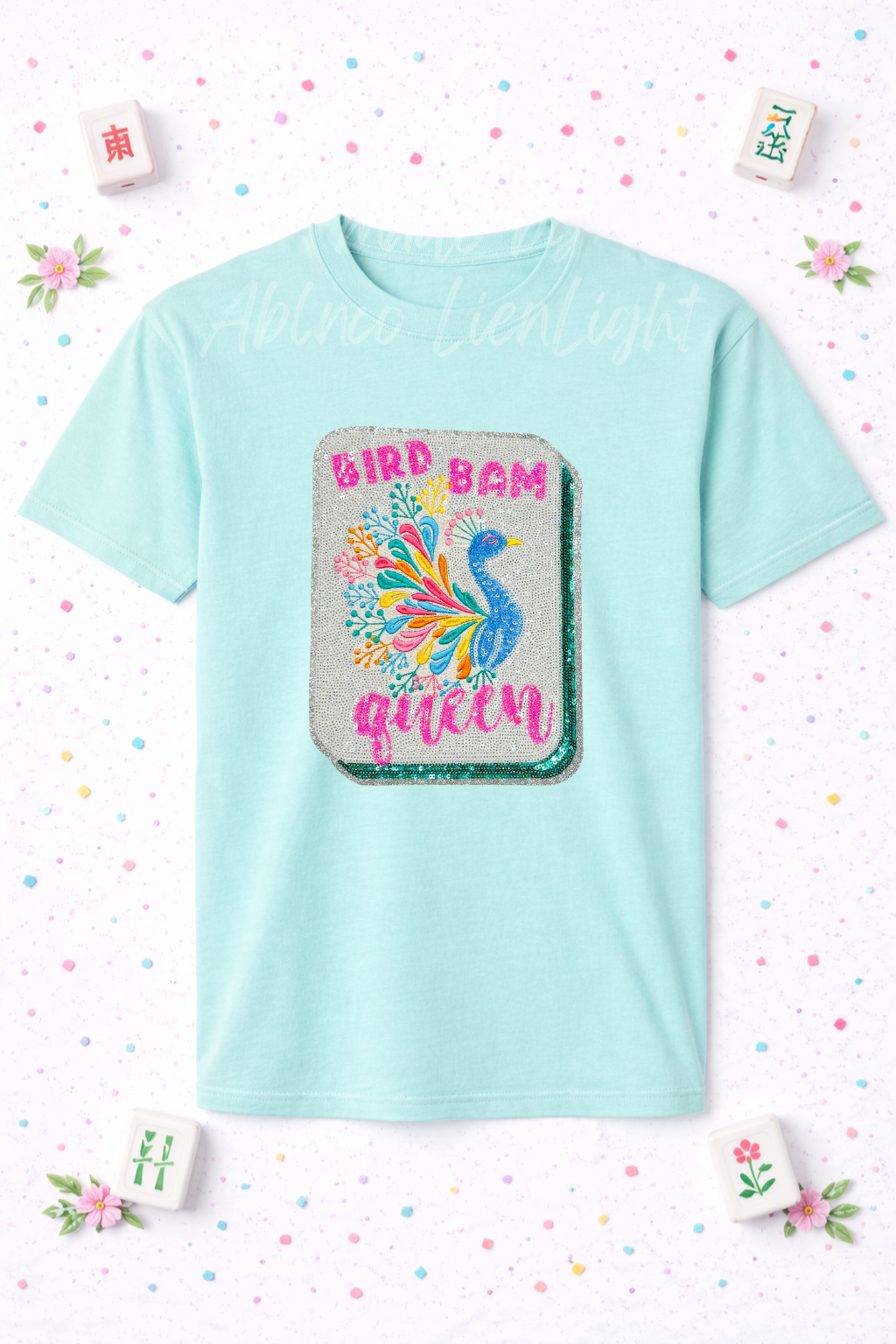 Bird Bam Queen Peacock Tile Mahjong Sequin Tshirt