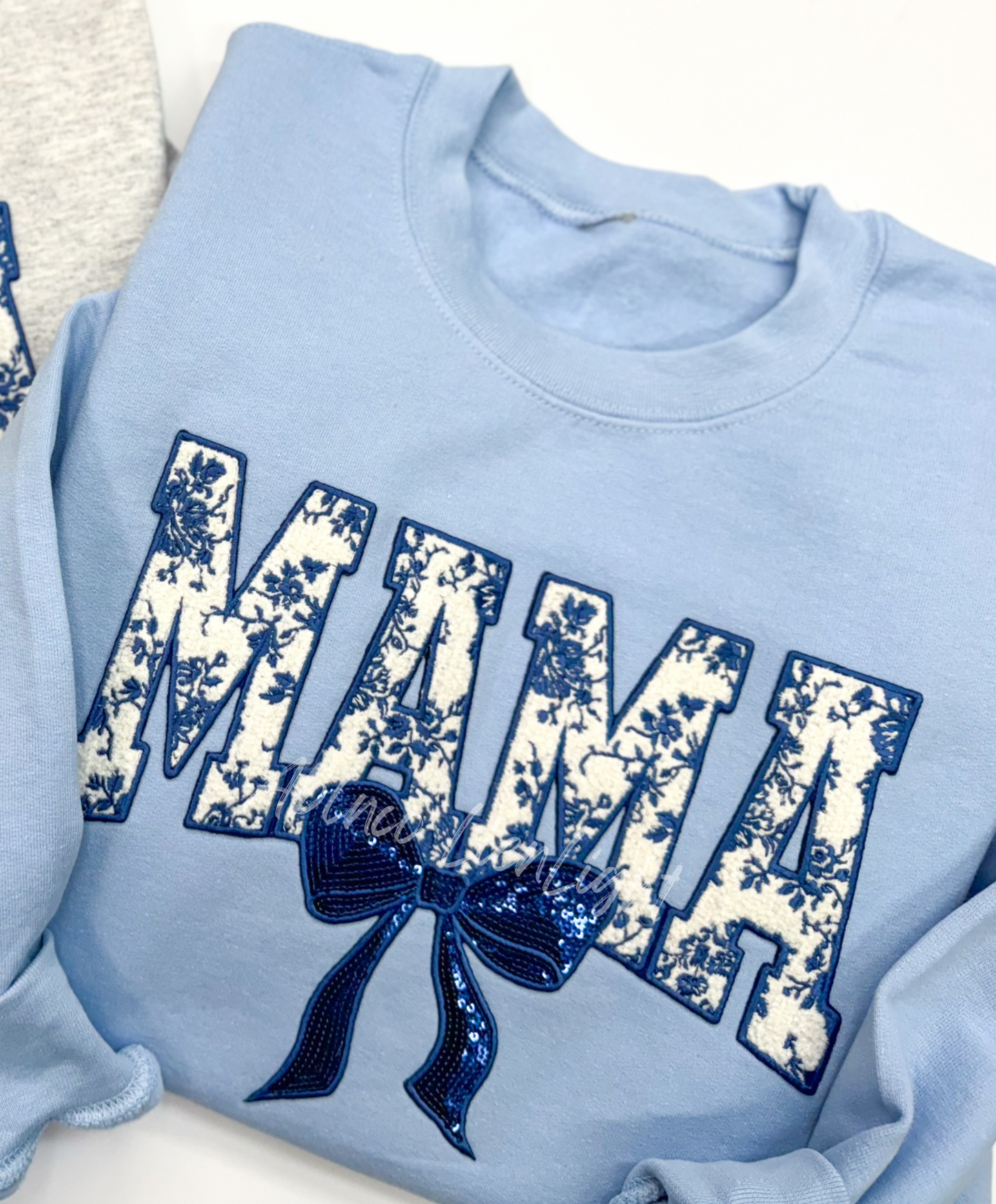 Blue Floral Mama Bow Sequins Sweatshirt