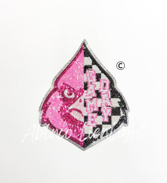 Preppy Pink Checkered Cardinal Mascot Game Day Sequin Patch