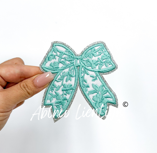 Teal Floral Bow Glitter Embroidery Patch