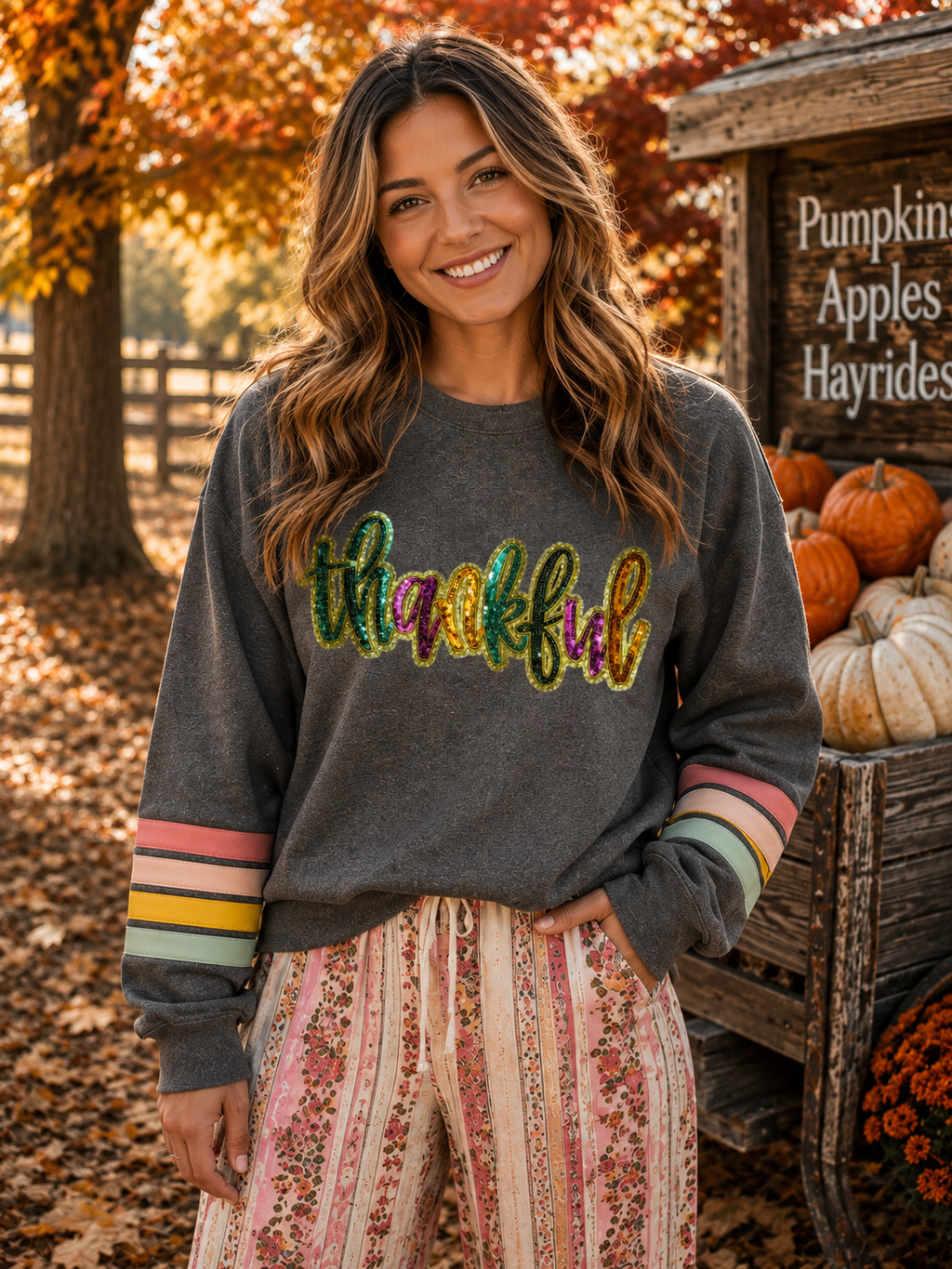 Colorful Thankful Thanksgiving Fall Sequin Patch Sweatshirt