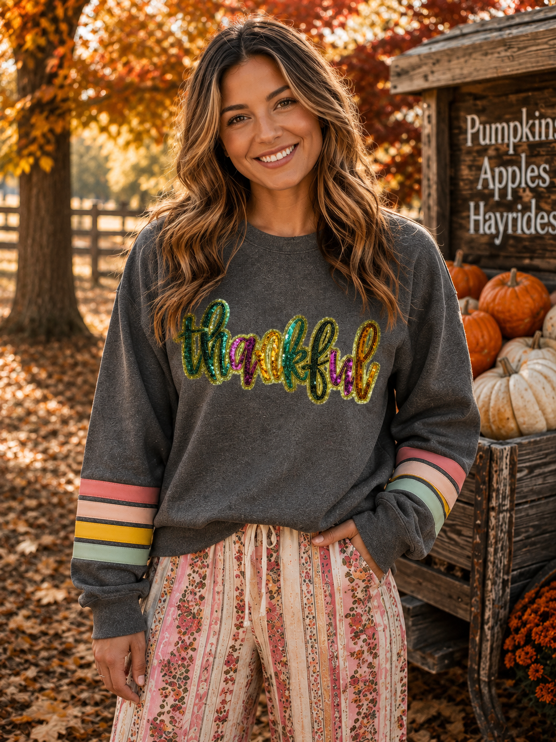 Colorful Thankful Thanksgiving Fall Sequin Patch Sweatshirt