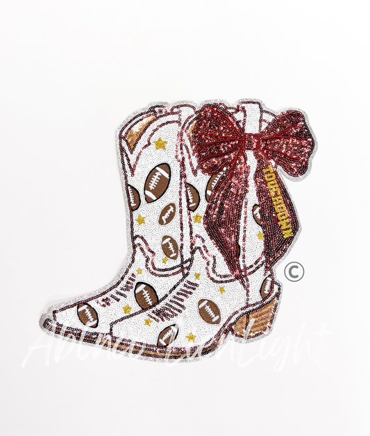 Football Touchdown Star Maroon Bow Boots Sequin Patch - Large