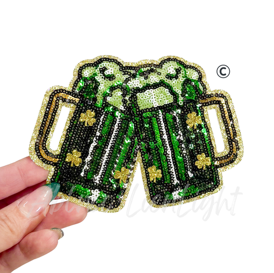 Green Beer St Patricks Day Sequin Patch - Small