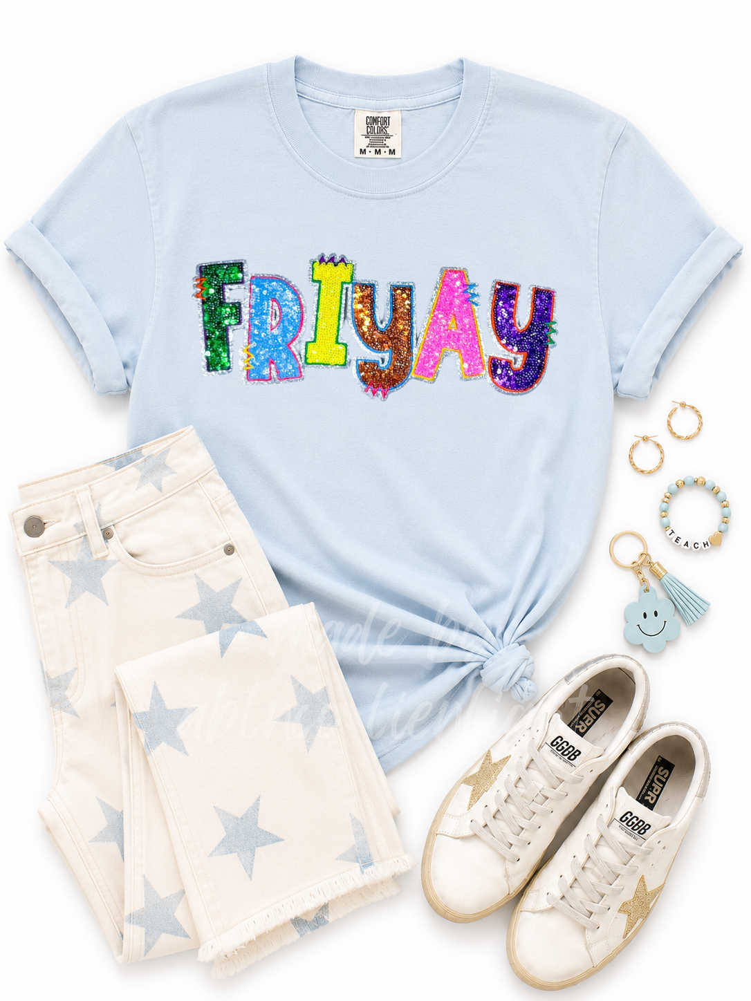 Colorful Friyay Teacher Sequin Patch Tshirt