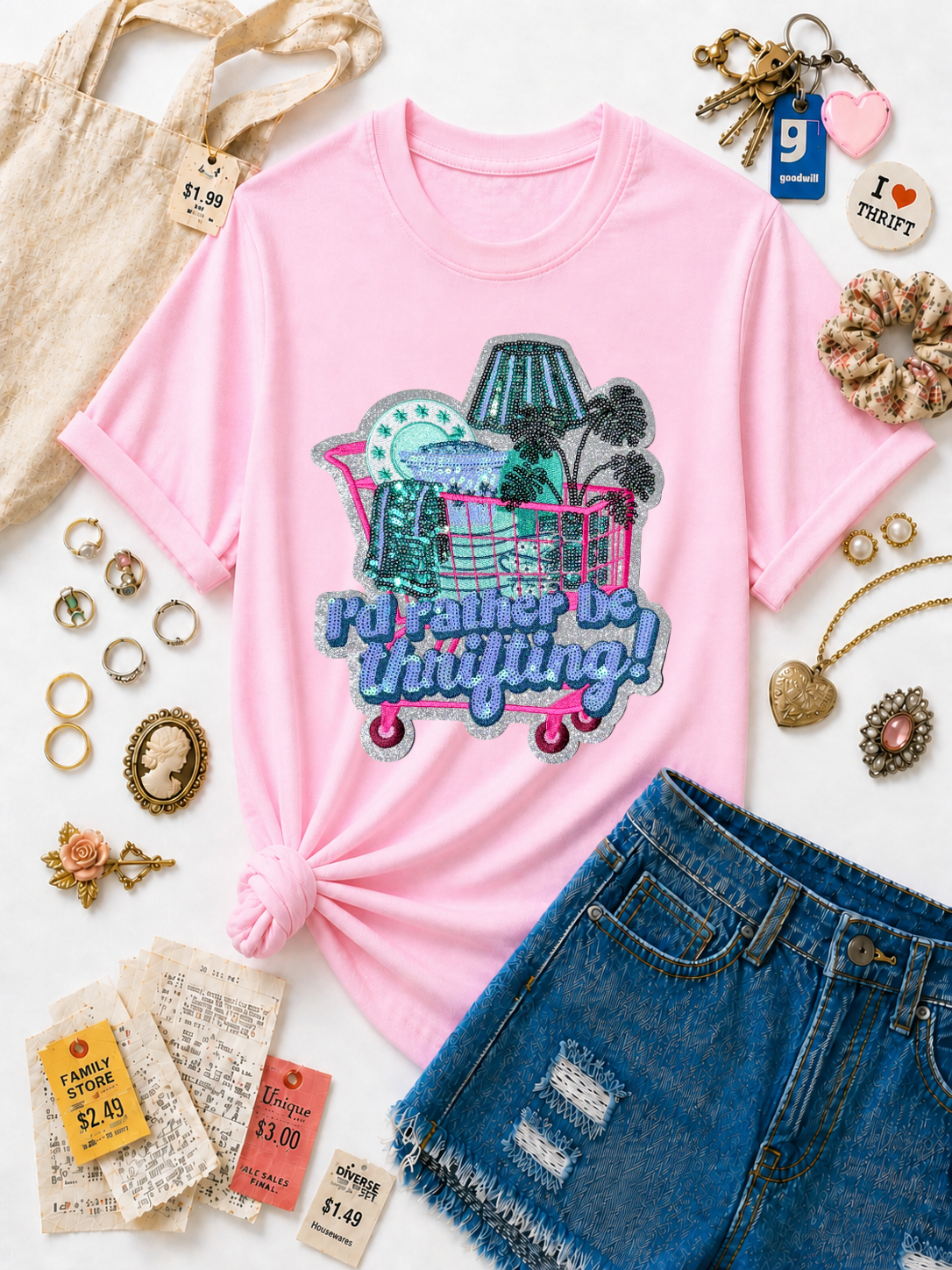 I’d Rather be Thrifting Sequin Patch Tshirt