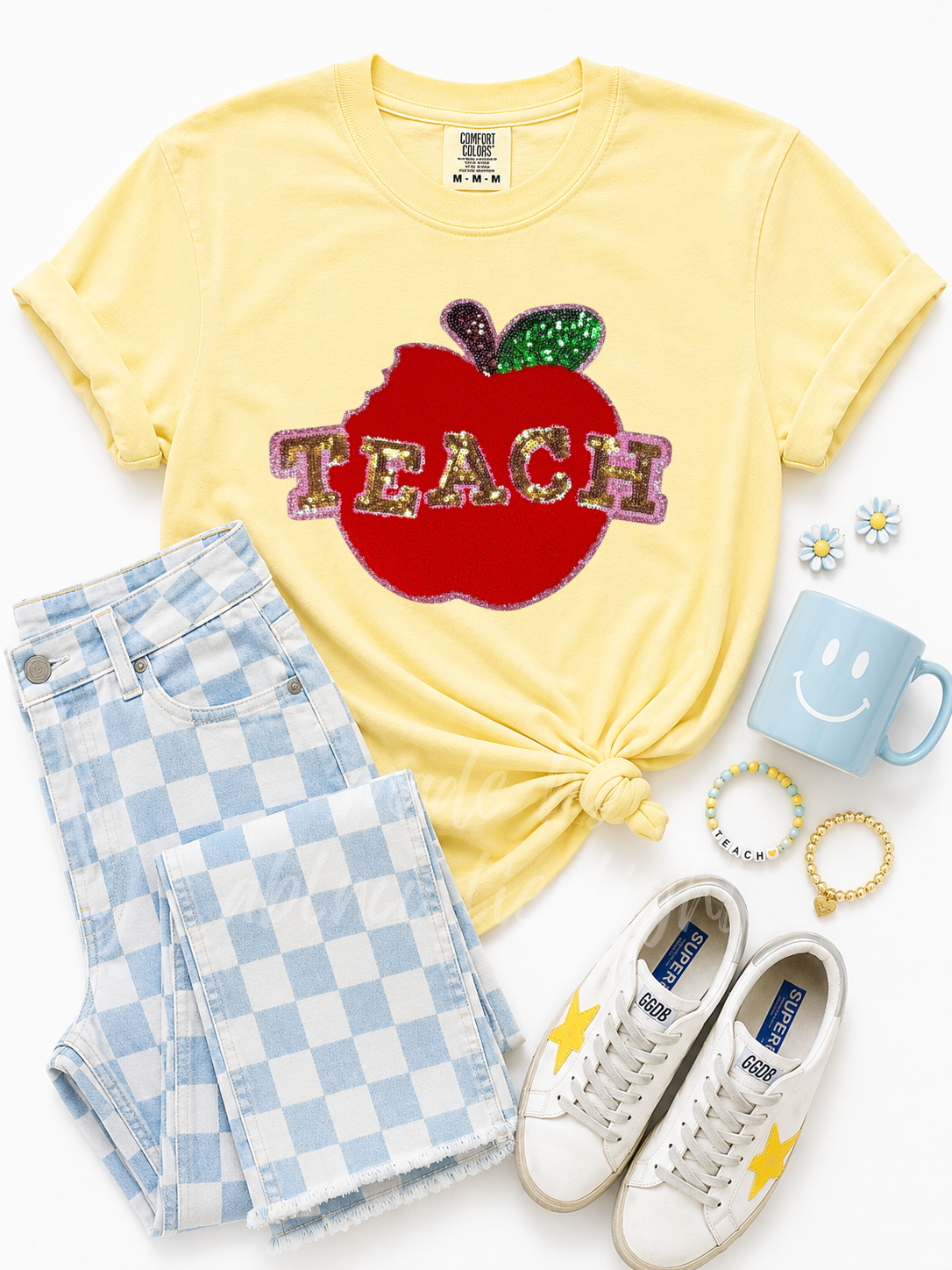 Teach Apple Teacher Chenille Sequin Patch Tshirt