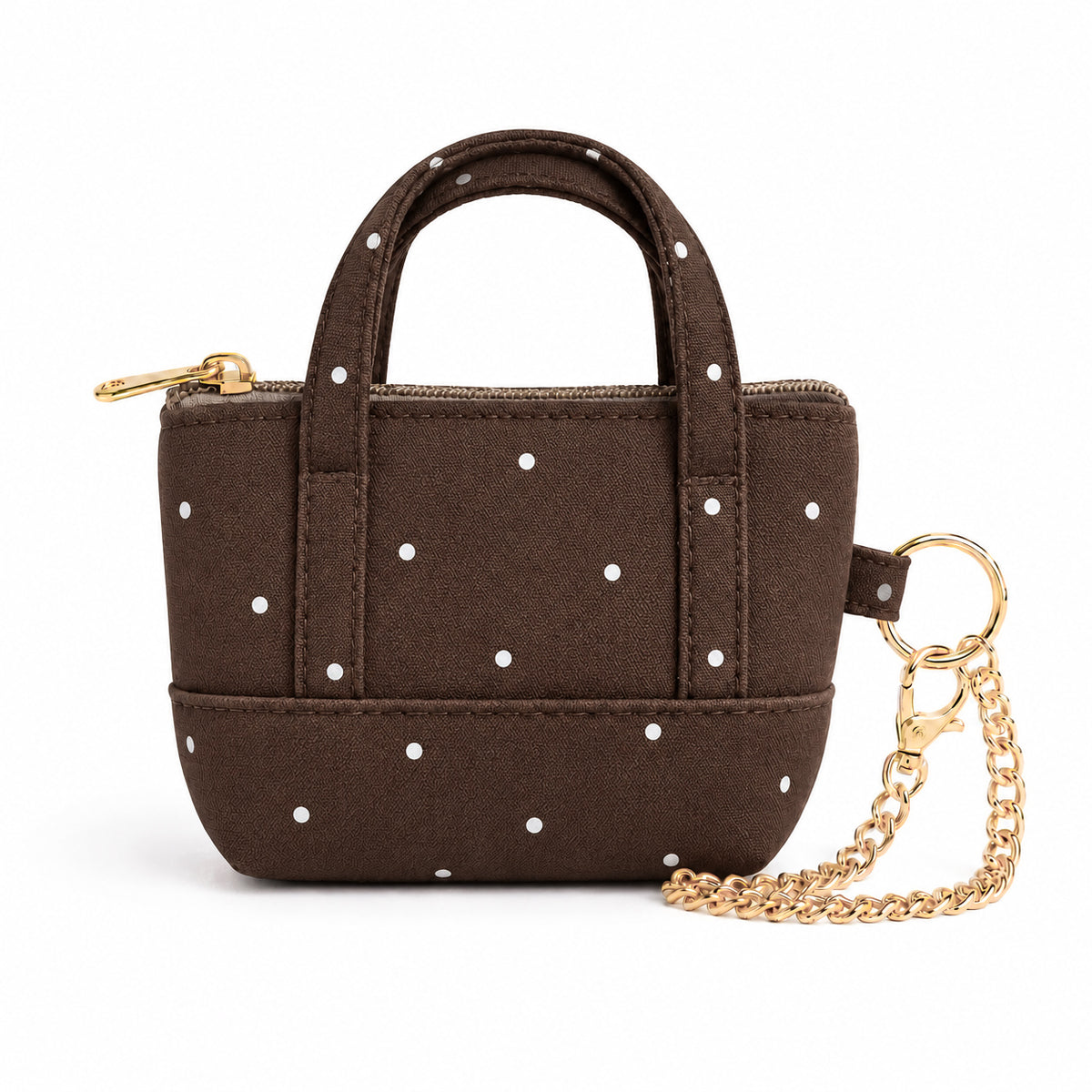Brown Polka Dots Mini Tote Bag Keychain | Zippered Purse Charm & Pouch