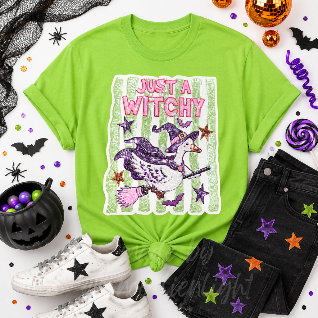 Just A Witchy Goose Halloween Sequin Patch Tshirt