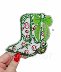 Baseball Homerun Green Bow Boots Sequin Patch - Small