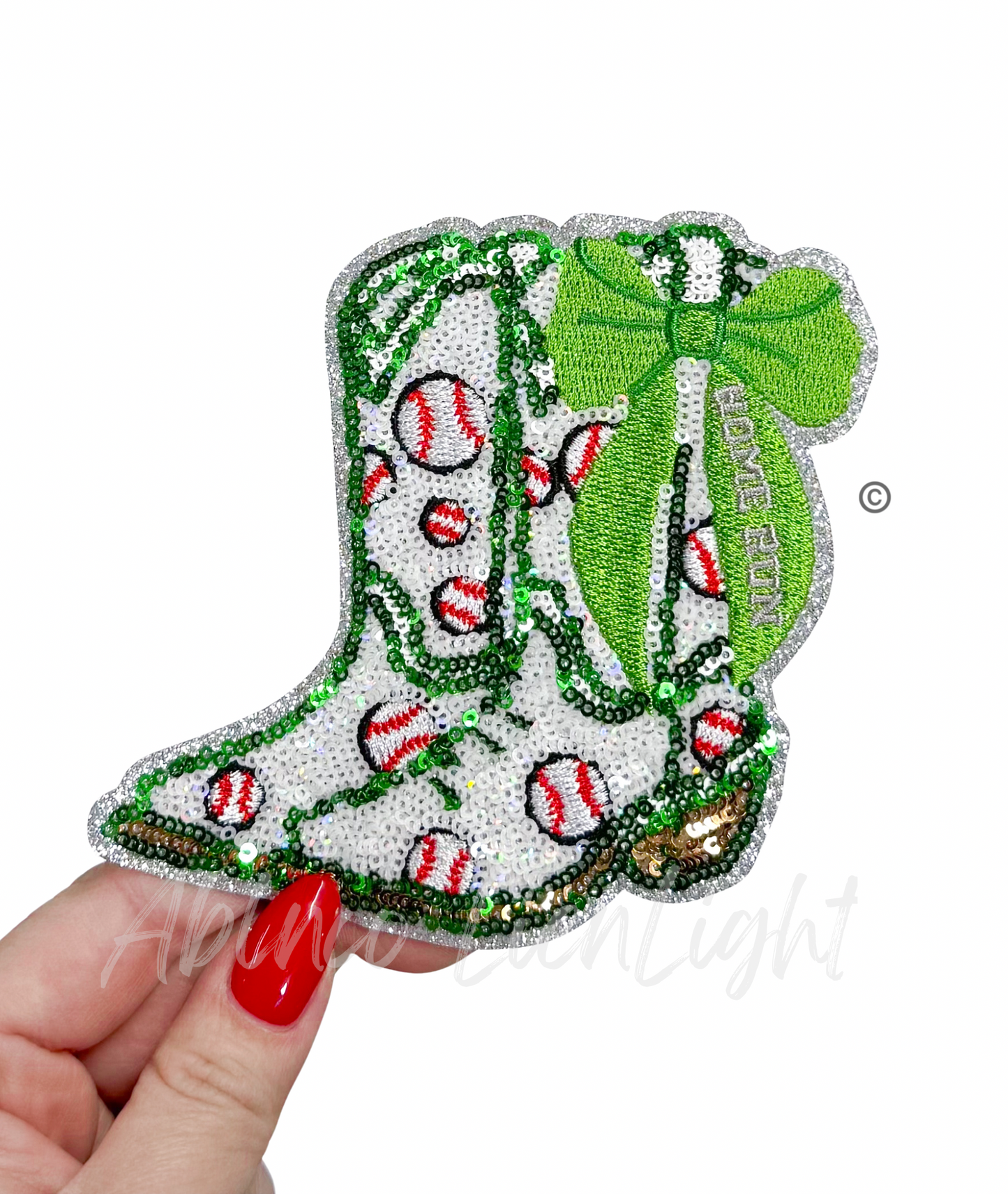 Baseball Homerun Star Green Bow Boots Sequin Patch - Small