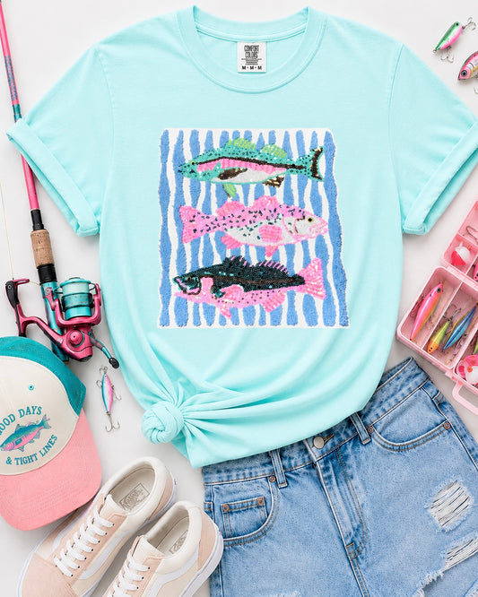 Pink & Teal Fish Trio Summer Sequin Patch Tshirt