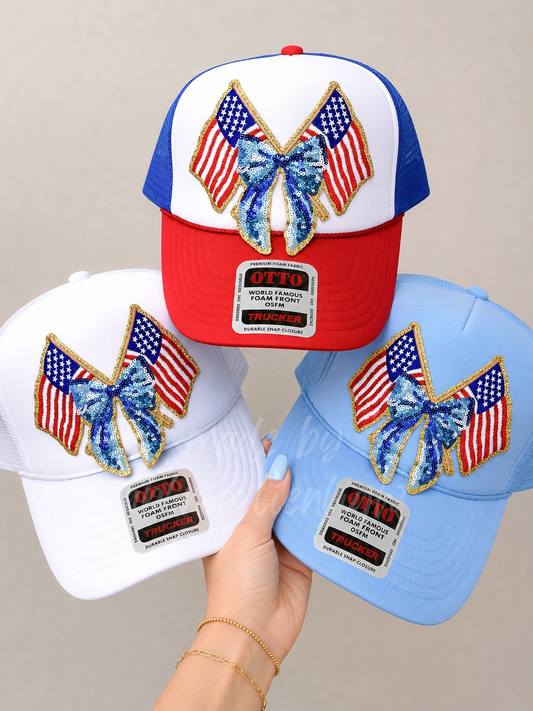 Sequin Bow American Flag 4th July Otto Trucker Hat