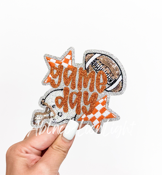 Football Orange Game Day Checkered Star Sequin Patch