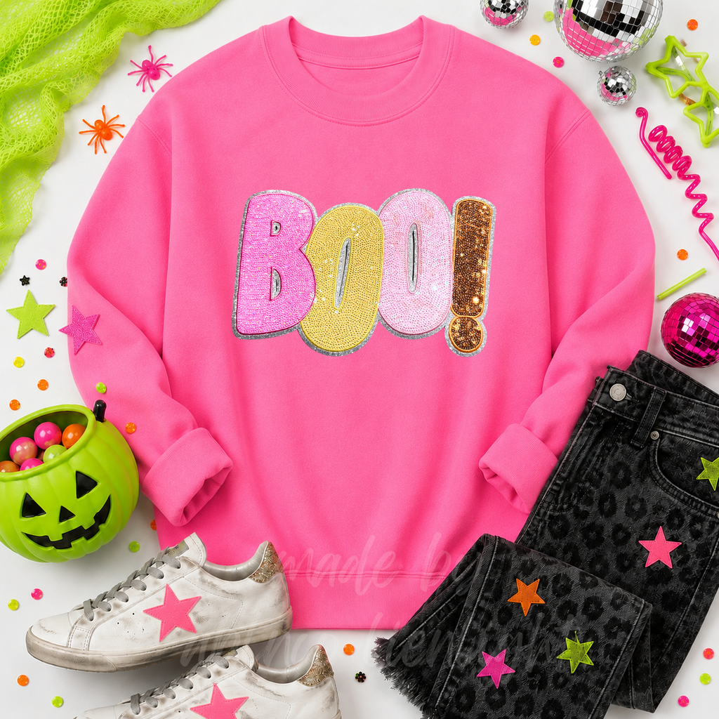 Colorful Boo Halloween Sequin Patch Sweatshirt