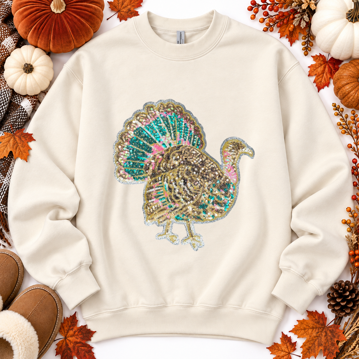Colorful Turkey Thanksgiving Fall Sequin Patch Full Length Sweatshirt