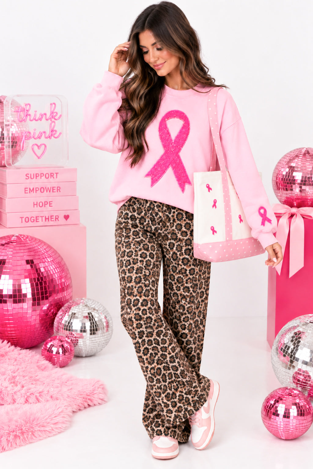 Pink Breast Cancer Ribbon Polka Dot Tote Bag