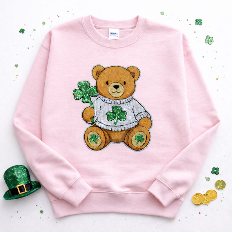 Shamrock Bear St Patricks Day Chenille Sequin Patch Sweatshirt