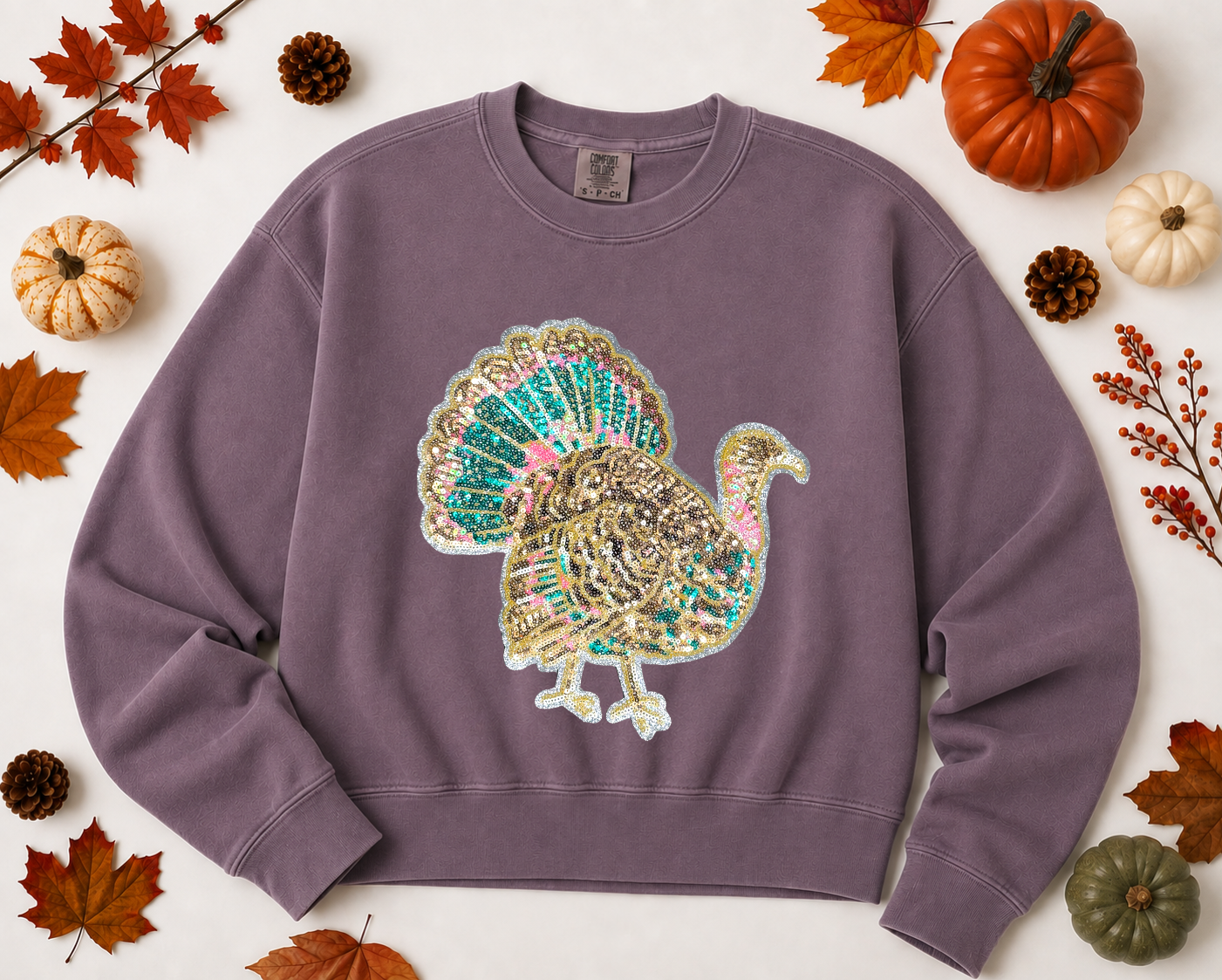 Colorful Turkey Thanksgiving Fall Sequin Patch Mid Length Sweatshirt