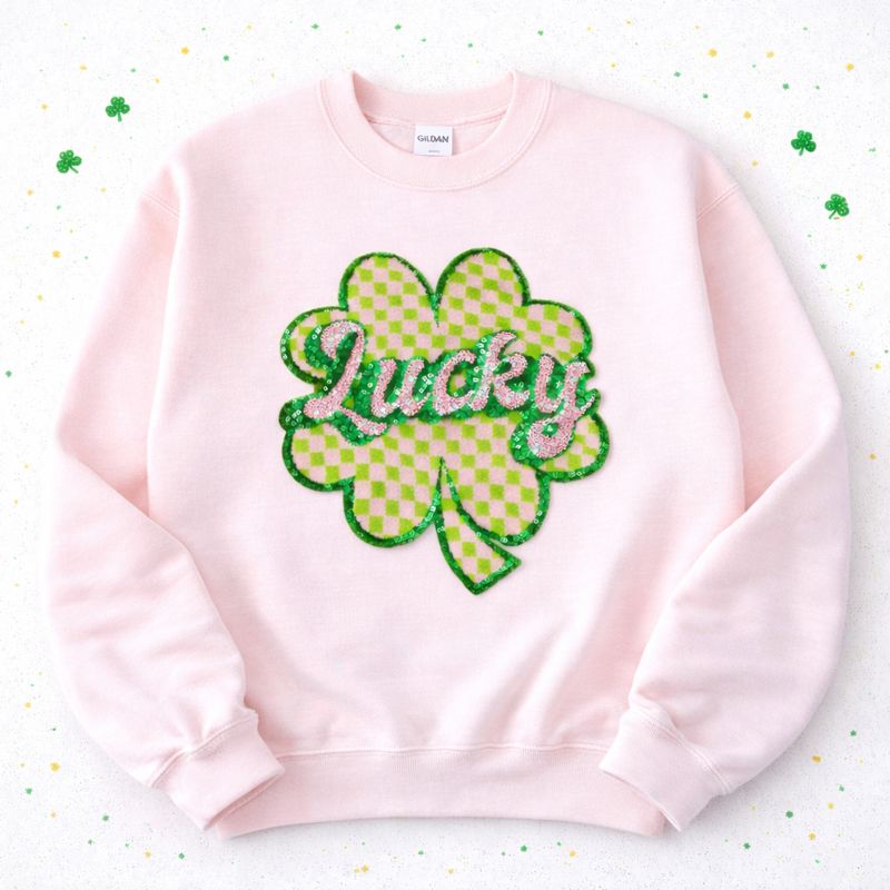 Lucky Checkered Clover St Patricks Day Chenille Sequin Patch Sweatshirt