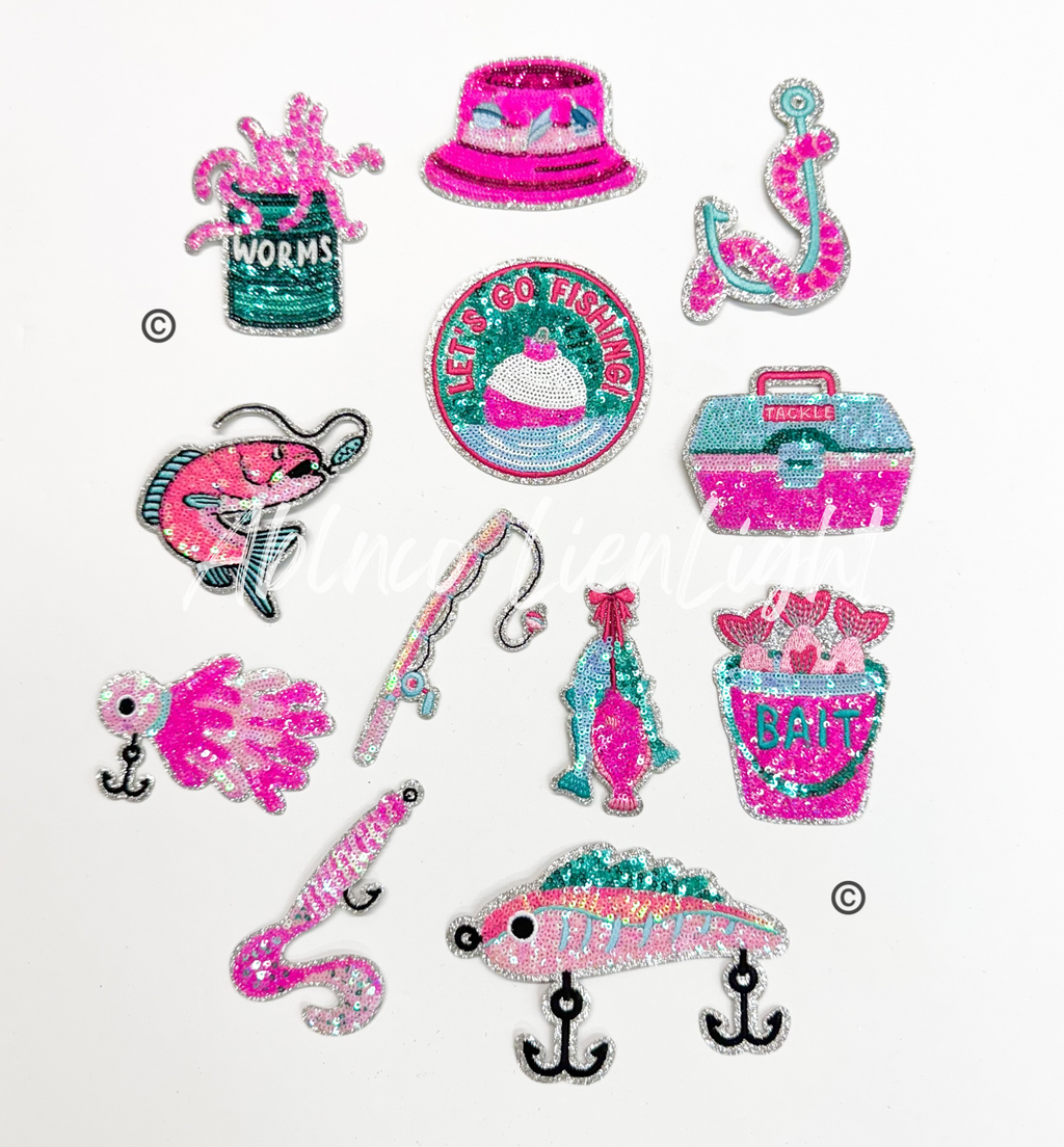 Worm Hook Fishing Pink Sequin Patch