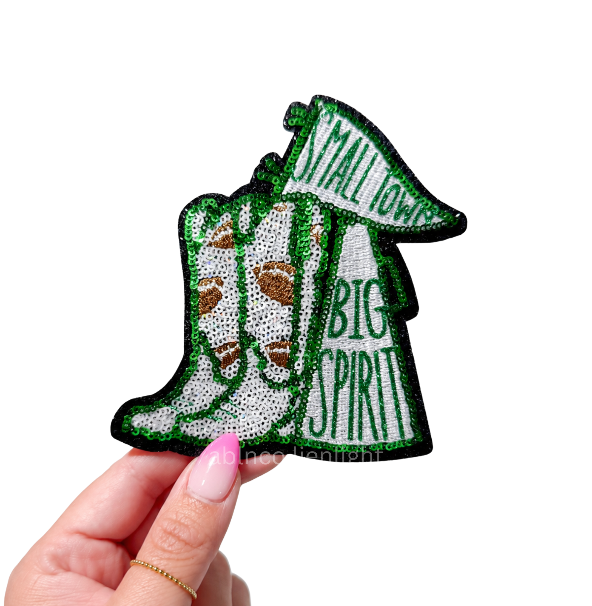 Green Small Town Big Spirit Football Sequin Patch - Small