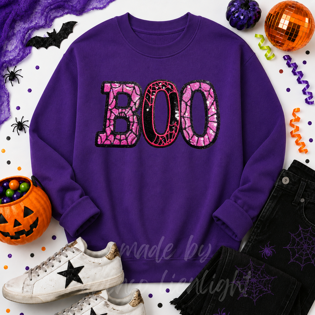 Pink Spider Web Boo Halloween Sequin Patch Sweatshirt