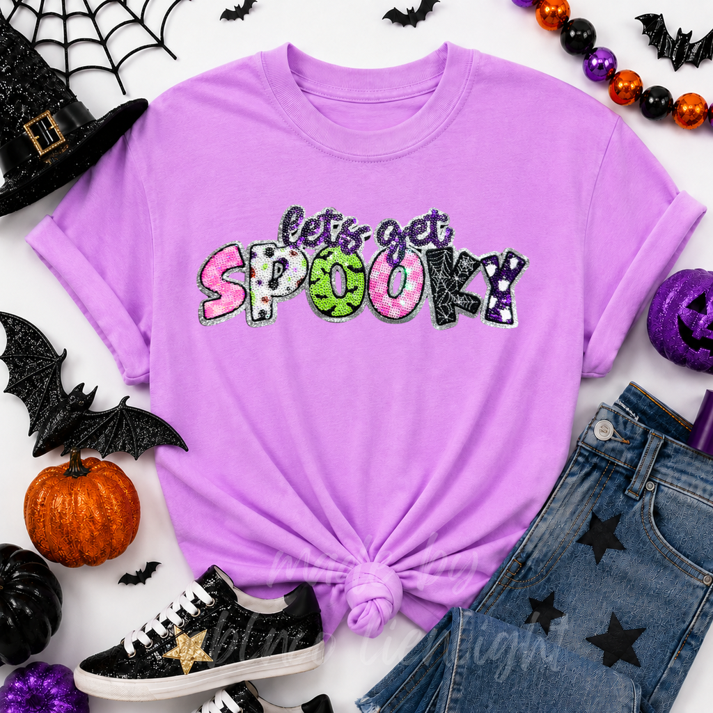 Lets Get Spooky Halloween Sequin Patch Tshirt